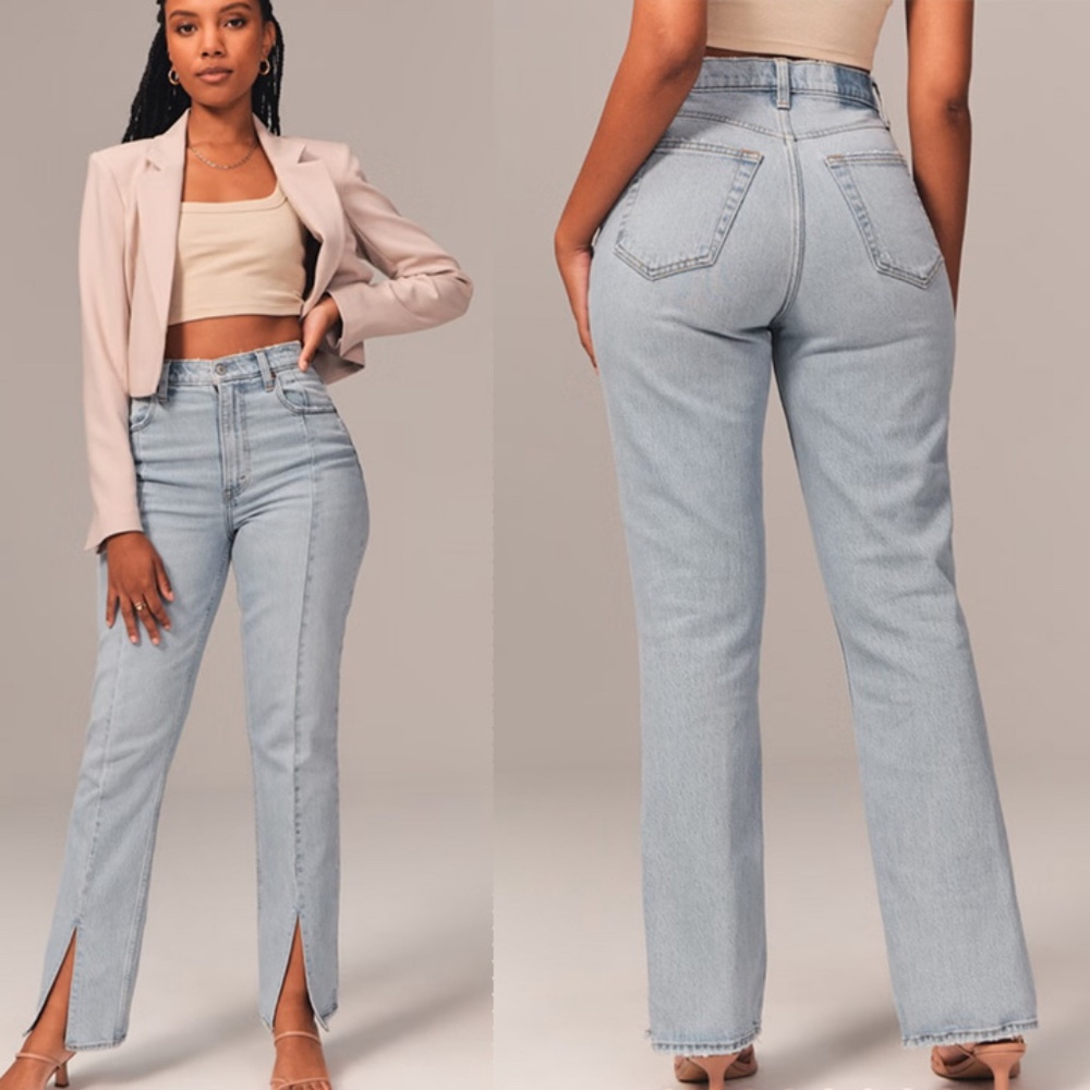 NWT A&F Curve Love High Rise Straight Leg Split Hem Light Wash Jeans